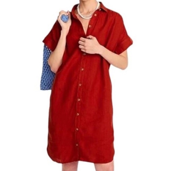 J. Crew Dresses & Skirts - J. Crew Relaxed-Fit Linen Shirt Dress Size Small Orange Red Pockets Button Down